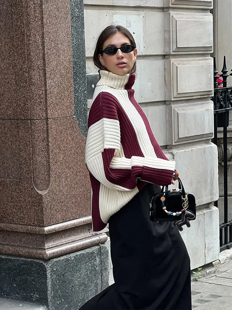 SWETER Z GOLFEM KREM-BURGUND - obrazek 4